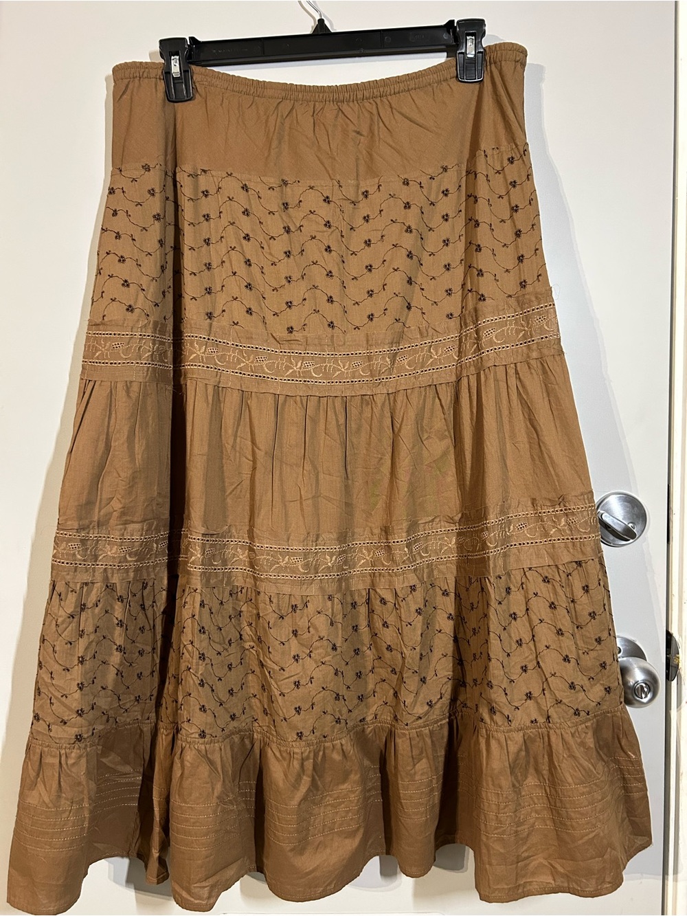 Boho Eyelet, Tiered brown Maxi Skirt size 12 cottage core, festival, western
